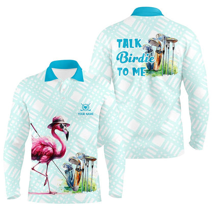 Golf Polo shirts, Mens Golf Polo Shirts Custom Pink Flamingo Blue Pattern Golf Shirts Talk Birdie To Me