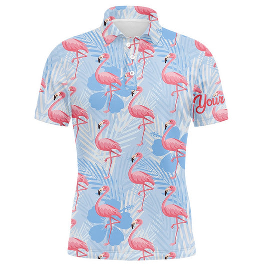 Golf Polo shirts, Mens Golf Polo Shirts Custom Pink Flamingo Blue Tropical Pattern Golf Apparel For Team Men Golfer