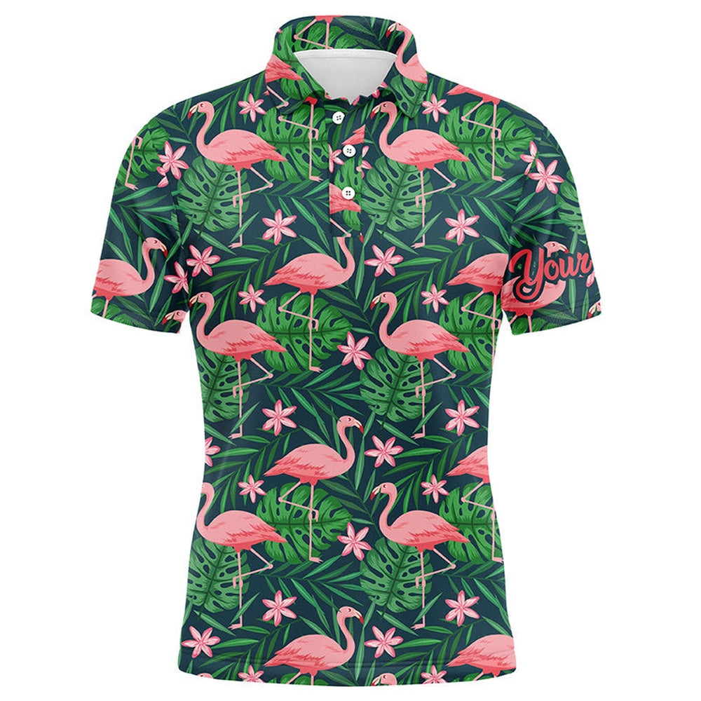 Golf Polo shirts, Mens Golf Polo Shirts Custom Pink Flamingo Green Tropical Leaf Pattern Golf Apparel For Team Men