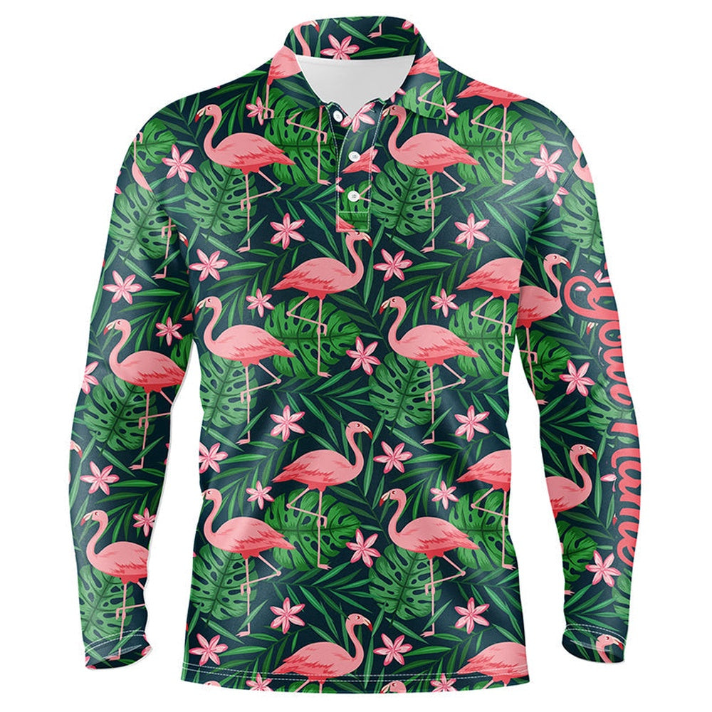 Golf Polo shirts, Mens Golf Polo Shirts Custom Pink Flamingo Green Tropical Leaf Pattern Golf Apparel For Team Men