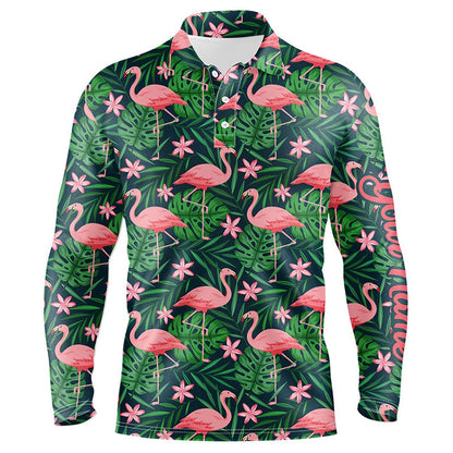 Golf Polo shirts, Mens Golf Polo Shirts Custom Pink Flamingo Green Tropical Leaf Pattern Golf Apparel For Team Men