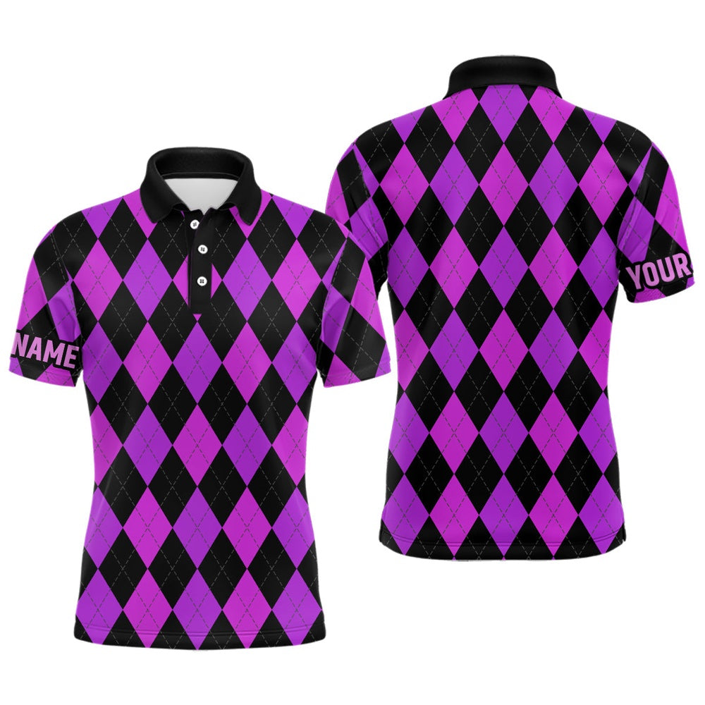 Golf Polo shirts, Mens Golf Polo Shirts Custom Purple And Black Argyle Plaid Pattern Golf Attire For Men