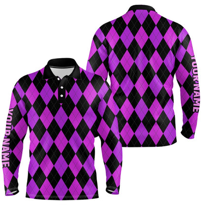 Golf Polo shirts, Mens Golf Polo Shirts Custom Purple And Black Argyle Plaid Pattern Golf Attire For Men