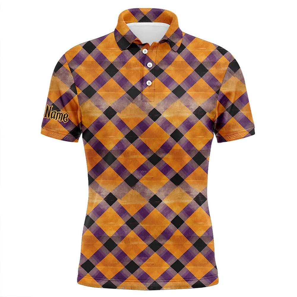 Golf Polo shirts, Mens Golf Polo Shirts Custom Purple And Orange Halloween Argyle Pattern Golf Apparel For Men