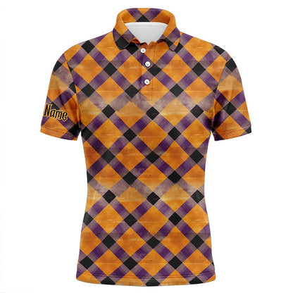 Golf Polo shirts, Mens Golf Polo Shirts Custom Purple And Orange Halloween Argyle Pattern Golf Apparel For Men