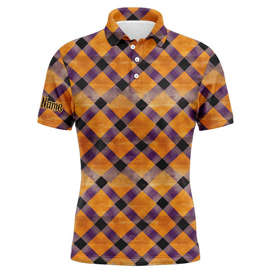 Golf Polo shirts, Mens Golf Polo Shirts Custom Purple And Orange Halloween Argyle Pattern Golf Apparel For Men