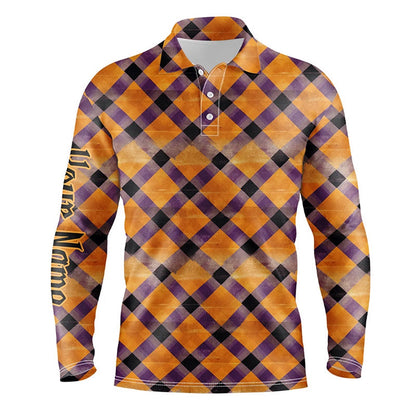 Golf Polo shirts, Mens Golf Polo Shirts Custom Purple And Orange Halloween Argyle Pattern Golf Apparel For Men