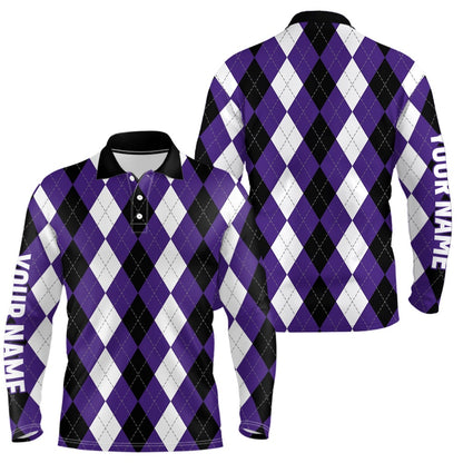 Golf Polo shirts, Mens Golf Polo Shirts Custom Purple Argyle Plaid Halloween Pattern Golf Attire For Men