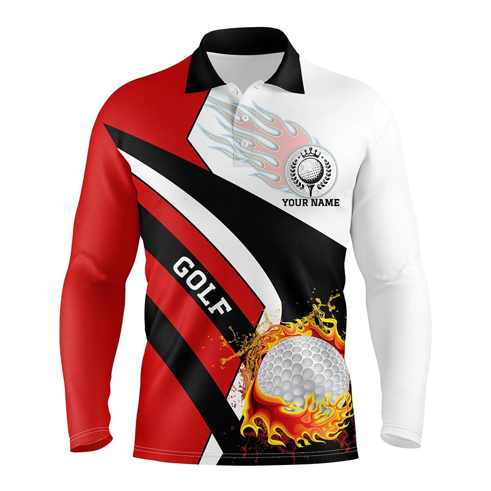 Golf Polo shirts, Mens Golf Polo Shirts Custom Red White And Black Flame Golf Fire Team Jerseys, Golf Outfits For Men
