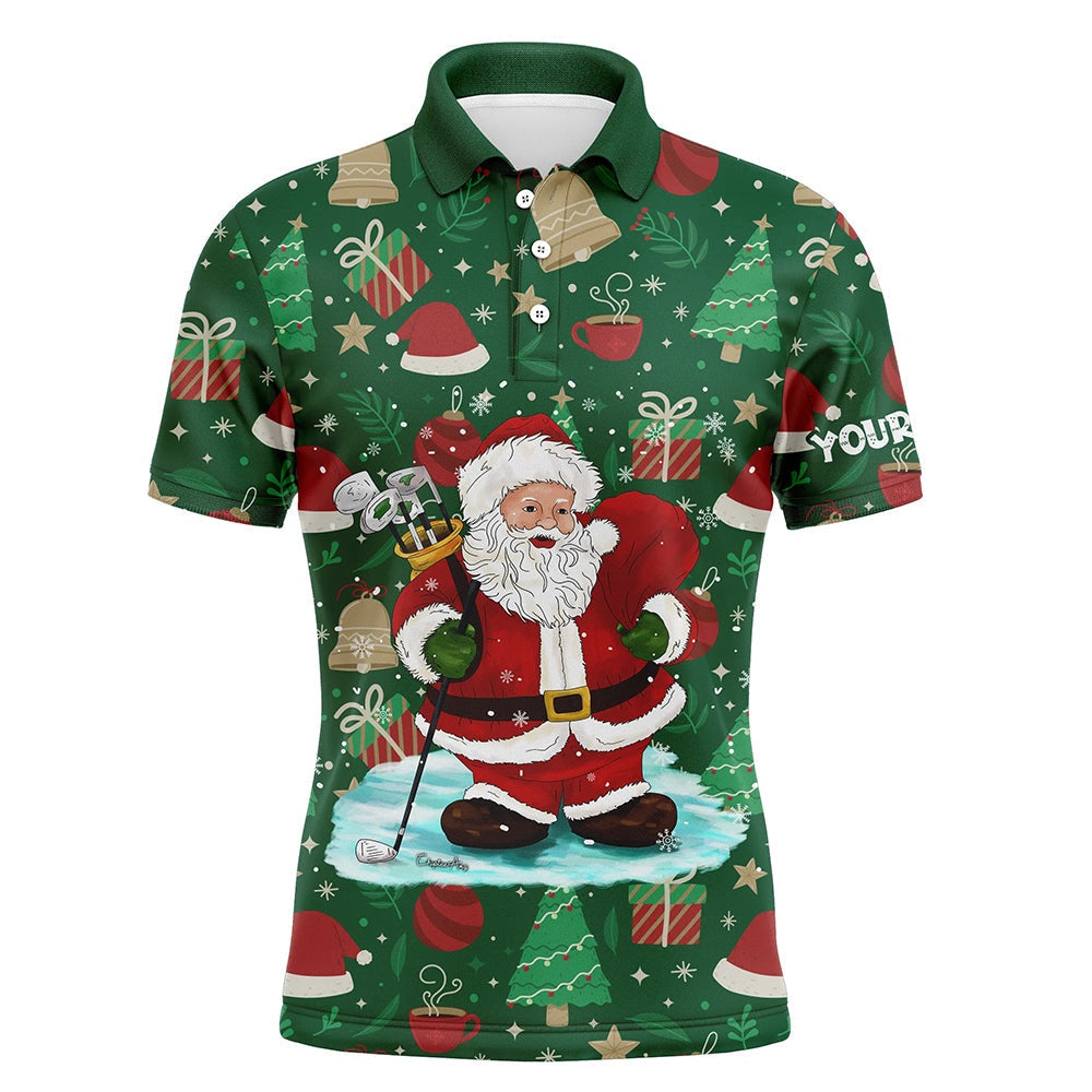 Golf Polo shirts, Mens Golf Polo Shirts Custom Santa Golf Green Christmas Season Pattern, Christmas Golf Gifts For Mens