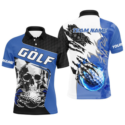 Golf Polo shirts, Mens Golf Polo Shirts Custom Skull Golf Ball Fire Golf Jerseyss Blue