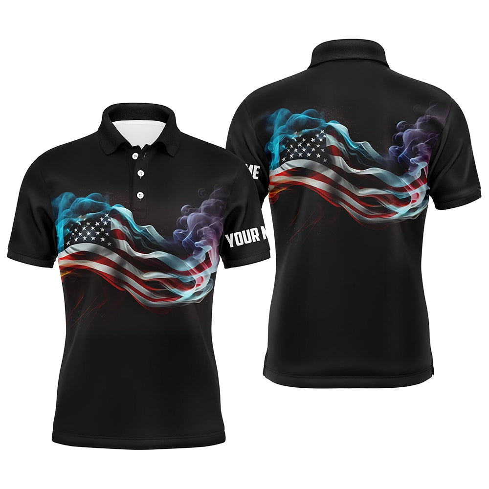 Golf Polo shirts, Mens Golf Polo Shirts Custom Smoke American Flag Patriotic Black Golf Tops For Mens