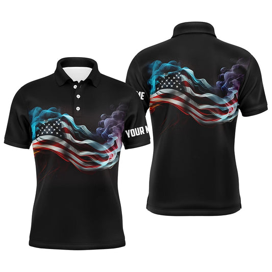 Golf Polo shirts, Mens Golf Polo Shirts Custom Smoke American Flag Patriotic Black Golf Tops For Mens