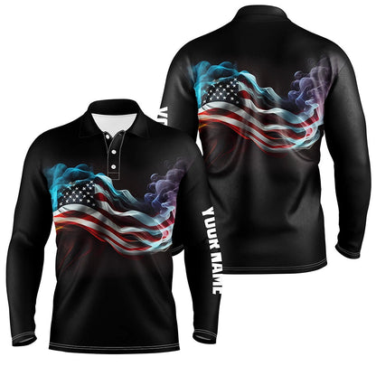 Golf Polo shirts, Mens Golf Polo Shirts Custom Smoke American Flag Patriotic Black Golf Tops For Mens