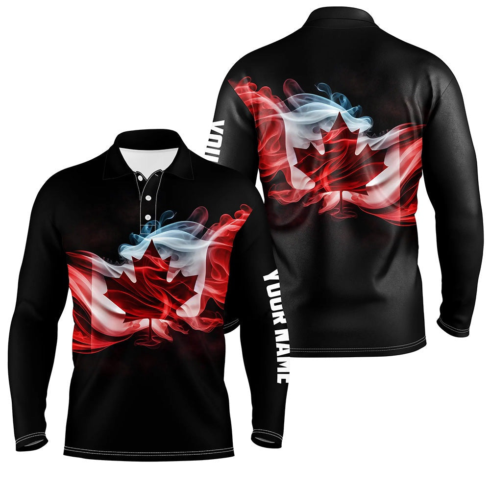 Golf Polo shirts, Mens Golf Polo Shirts Custom Smoke Canadian Flag Patriotic Black Golf Tops For Mens