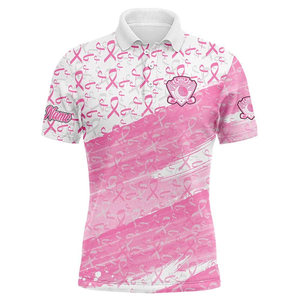 Golf Polo shirts, Mens Golf Polo Shirts Custom White And Pink Ribbon Pattern Breast Cancer Awareness Golf Attire For Men