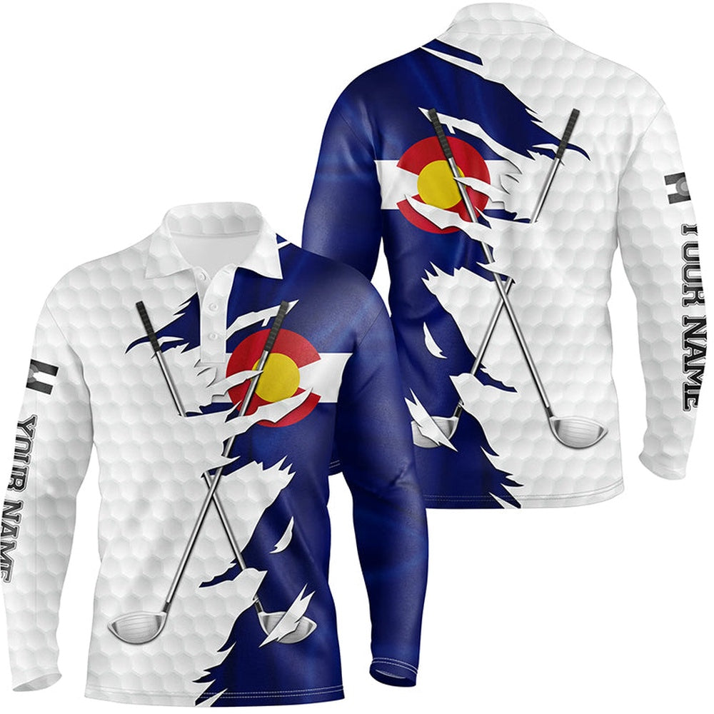 Golf Polo shirts, Mens Golf Polo Shirts Custom White Golf Ball Skin Colorado Flag Patriot Golf Clubs Mens Golf Apparel