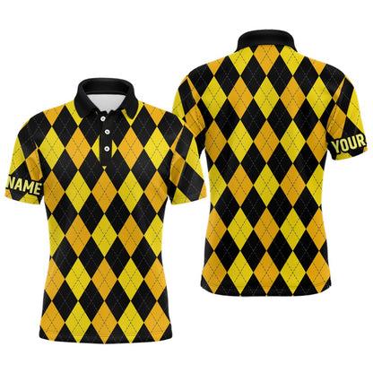 Golf Polo shirts, Mens Golf Polo Shirts Custom Yellow And Black Argyle Plaid Pattern Golf Attire For Men