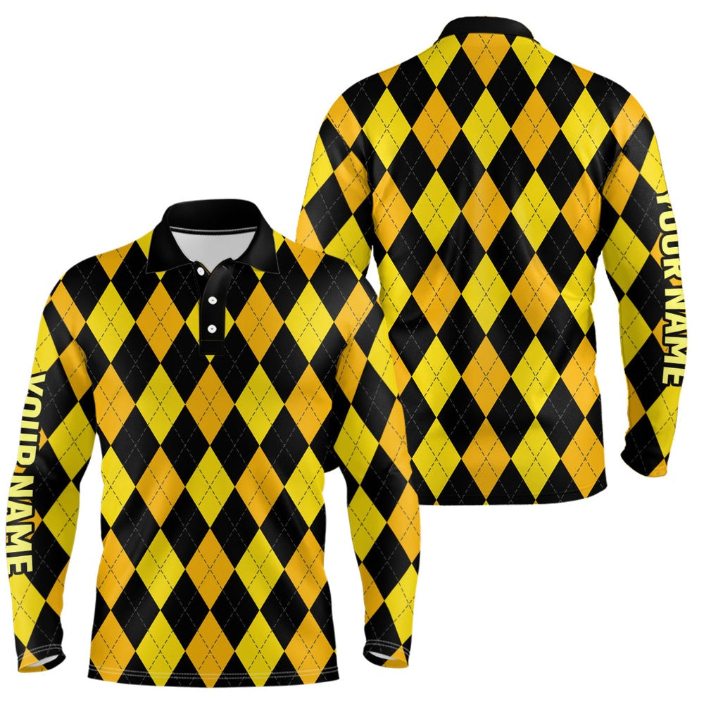 Golf Polo shirts, Mens Golf Polo Shirts Custom Yellow And Black Argyle Plaid Pattern Golf Attire For Men