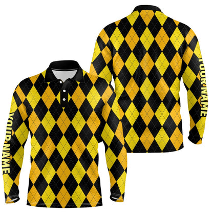 Golf Polo shirts, Mens Golf Polo Shirts Custom Yellow And Black Argyle Plaid Pattern Golf Attire For Men