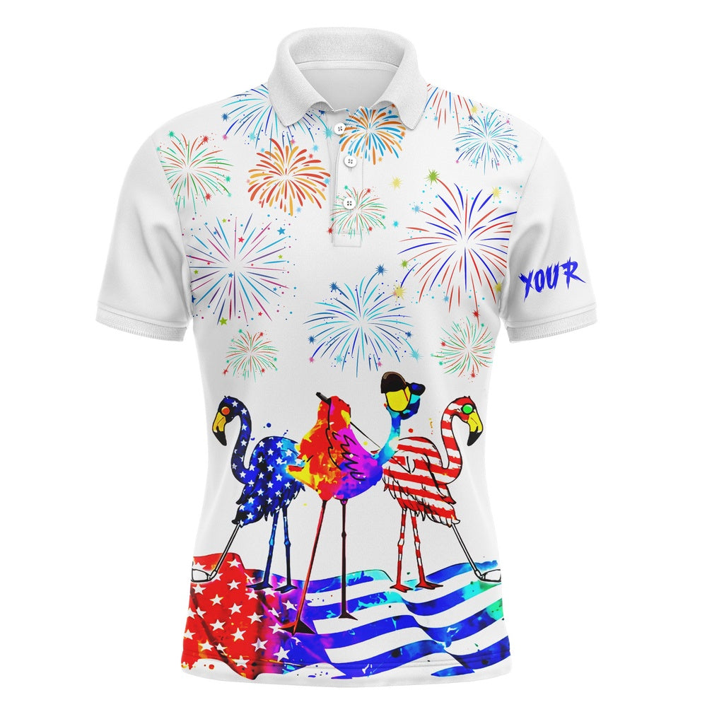 Golf Polo shirts, Mens Golf Polo Shirts Flamingo American Flag Custom Name Red White And Blue Flamingo Polo Shirt