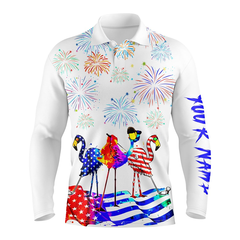 Golf Polo shirts, Mens Golf Polo Shirts Flamingo American Flag Custom Name Red White And Blue Flamingo Polo Shirt