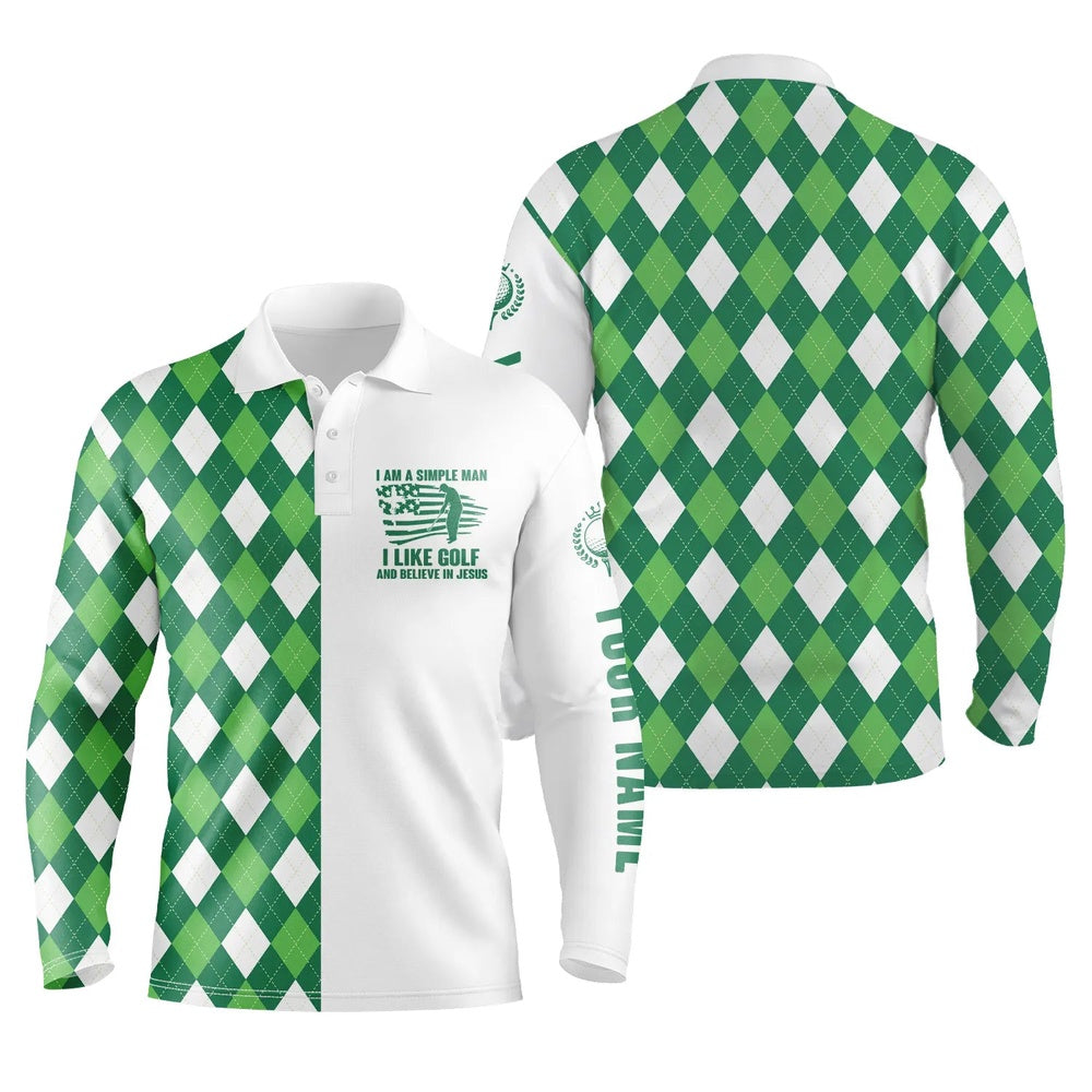 Golf Polo shirts, Mens Golf Polo Shirts Green Argyle Plaid Custom I'M A Simple Man I Like Golf And Believe In Jesus