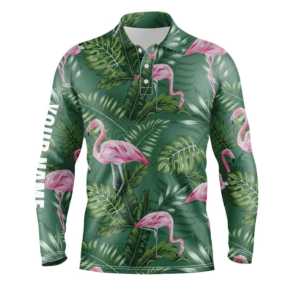 Golf Polo shirts, Mens Golf Polo Shirts Green Tropical Plants Monstera Flamingo Golf Shirts Custom Best Mens Golf Wear