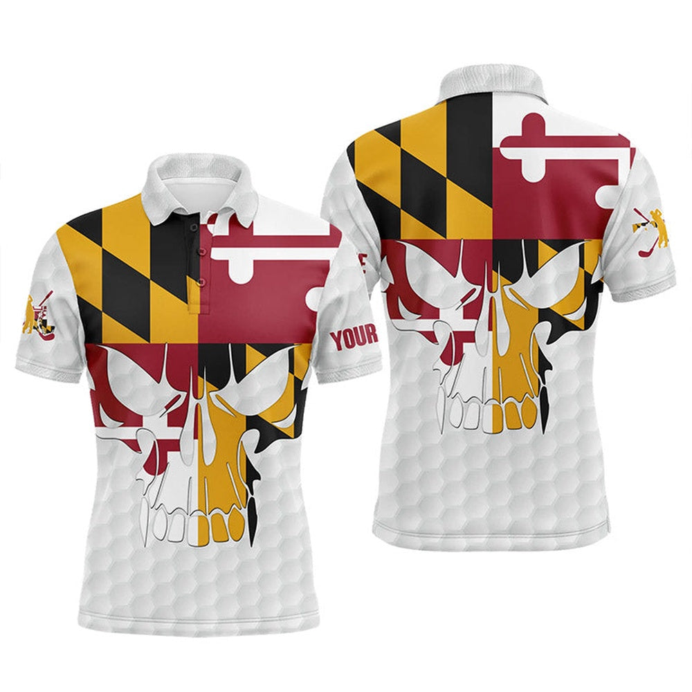 Golf Polo shirts, Mens Golf Polo Shirts Maryland Flag Patriotic Custom Skull Golf Ball Shirt For Men, Best Men Golf Wear