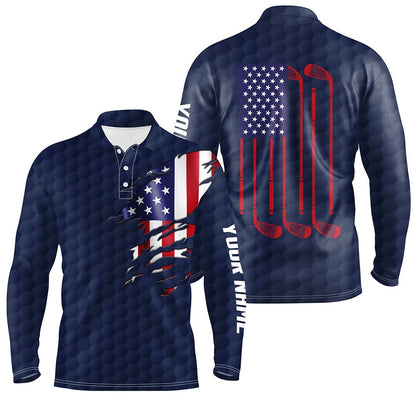 Golf Polo shirts, Mens Golf Polo Shirts Navy Golf Ball American Flag Patriotic Golf Clubs Custom Name Golfing Gifts