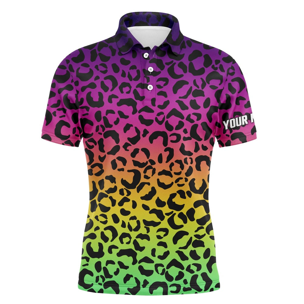 Golf Polo shirts, Mens Golf Polo Shirts Neon Rainbow Leopard Pattern Golf Shirt Custom Name Golf Wear For Mens