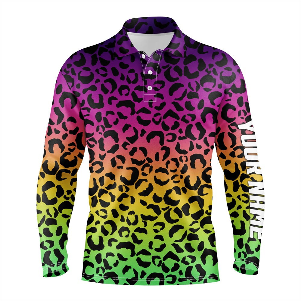 Golf Polo shirts, Mens Golf Polo Shirts Neon Rainbow Leopard Pattern Golf Shirt Custom Name Golf Wear For Mens