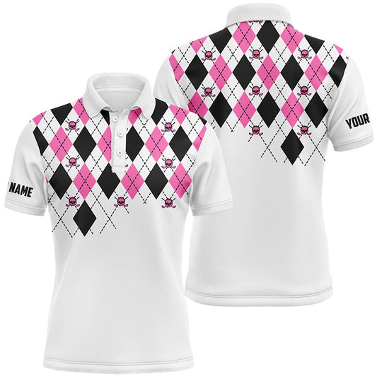 Golf Polo shirts, Mens Golf Polo Shirts Pink And Black Argyle Plaid Golf Skull Pattern Custom White Mens Golf Tops