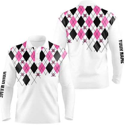 Golf Polo shirts, Mens Golf Polo Shirts Pink And Black Argyle Plaid Golf Skull Pattern Custom White Mens Golf Tops
