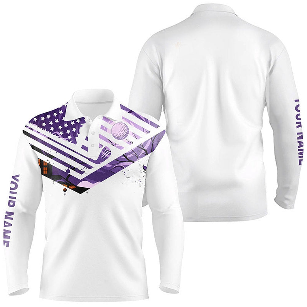 Golf Polo shirts, Mens Golf Polo Shirts Purple American Flag Custom Halloween White Golf Shirt