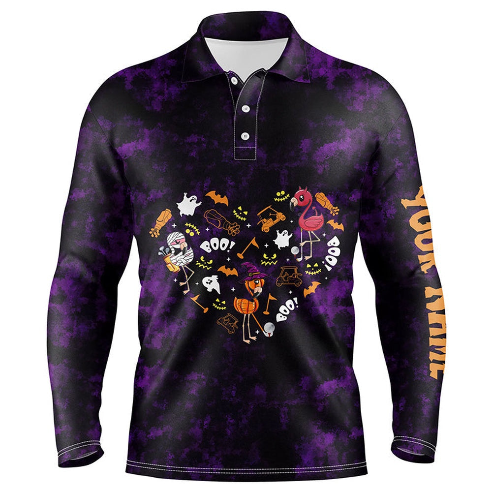Golf Polo shirts, Mens Golf Polo Shirts Purple Camo Halloween Background Custom Flamingo Golf Friends