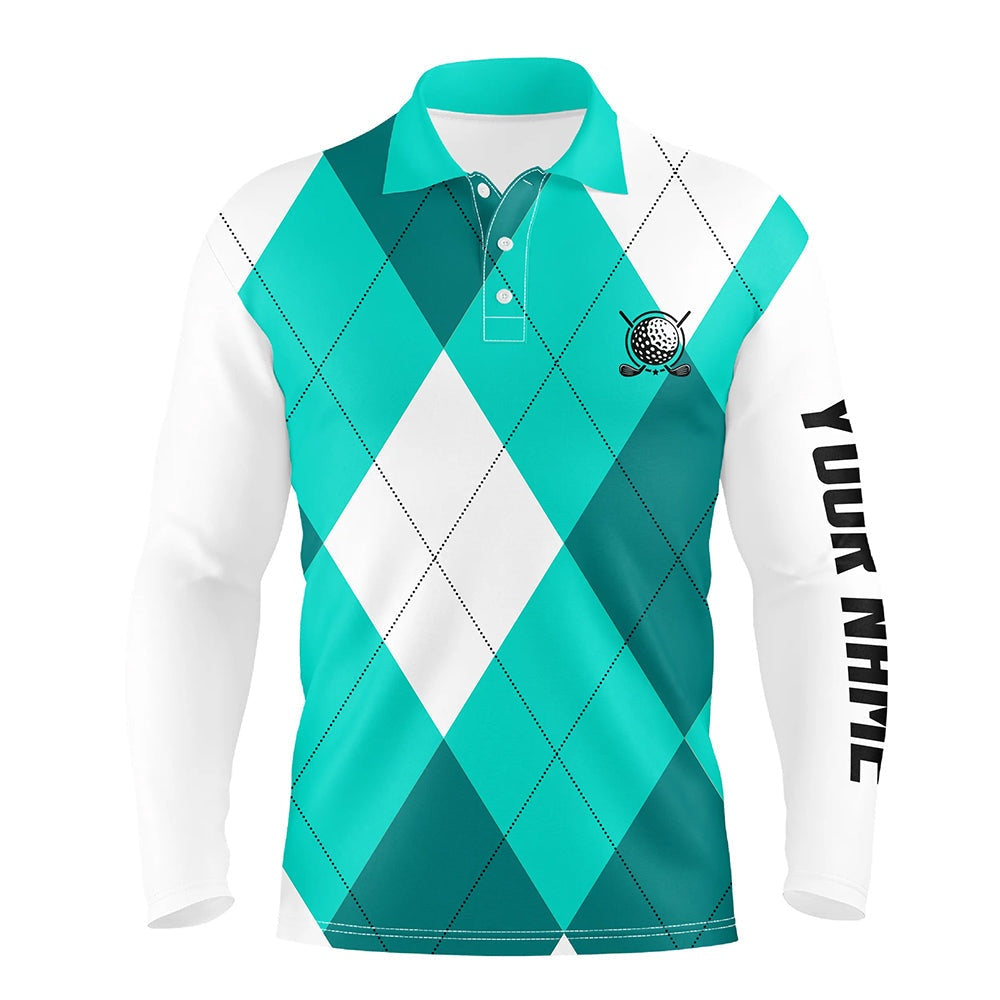 Golf Polo shirts, Mens Golf Polo Shirts Turquoise And White Golf Argyle Plaid Pattern
