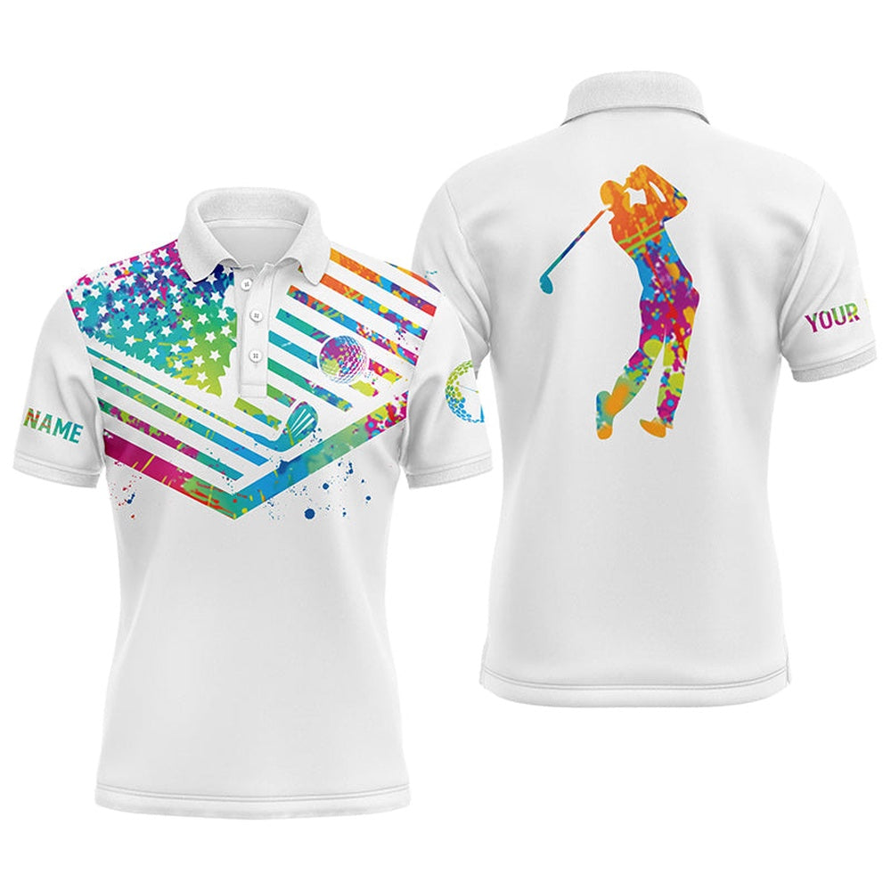 Golf Polo shirts, Mens Golf Polo Shirts Watercolor American Flag Custom Name White Golf Shirt