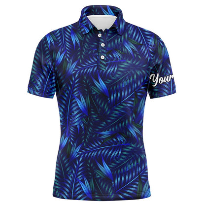 Golf Polo shirts, Mens Golf Polo Shirts With Blue Dark Tropical Leaves Custom Name Golf Shirt