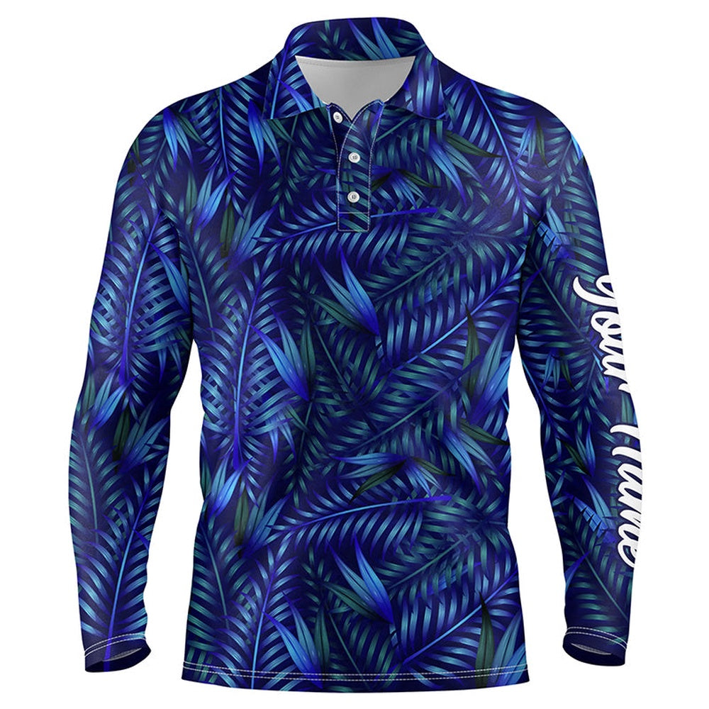Golf Polo shirts, Mens Golf Polo Shirts With Blue Dark Tropical Leaves Custom Name Golf Shirt