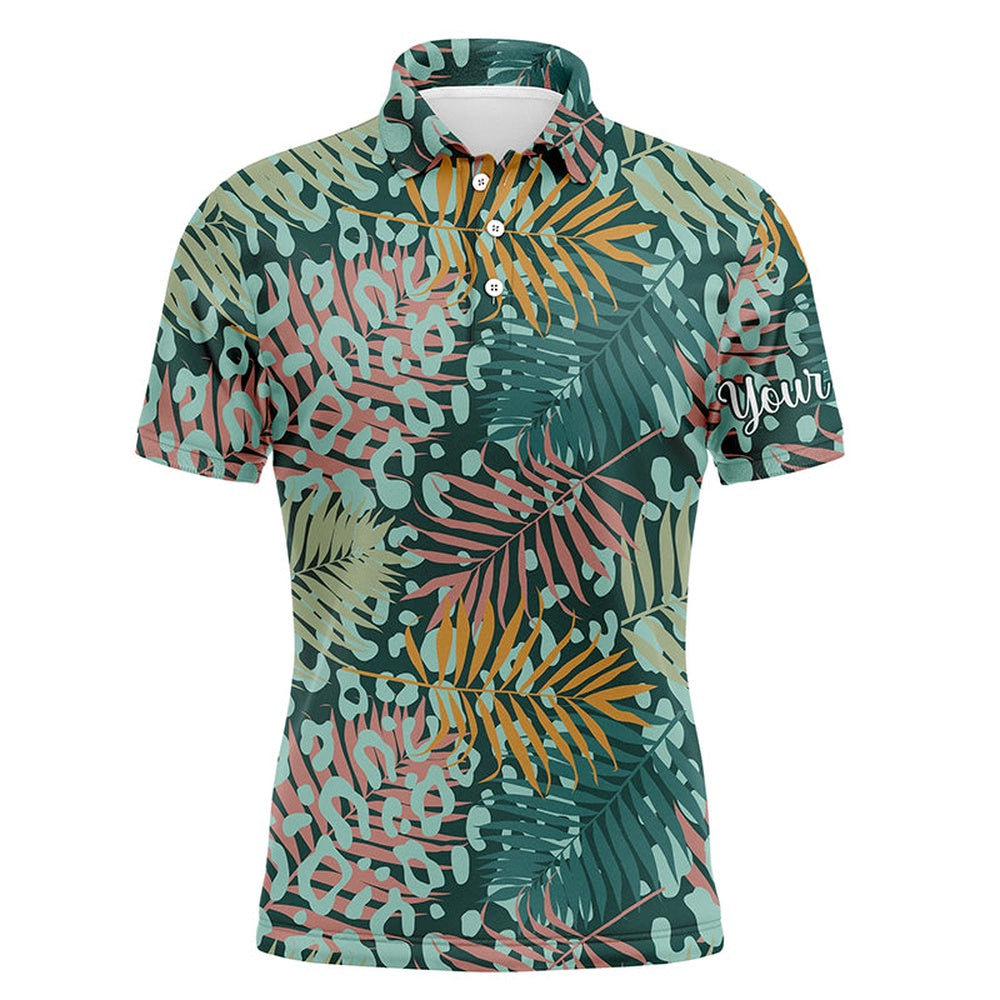 Golf Polo shirts, Mens Golf Polo Upf Shirts With Green Tropical Pattern With Palm Leopard Custom Team Golf Polo Shirts