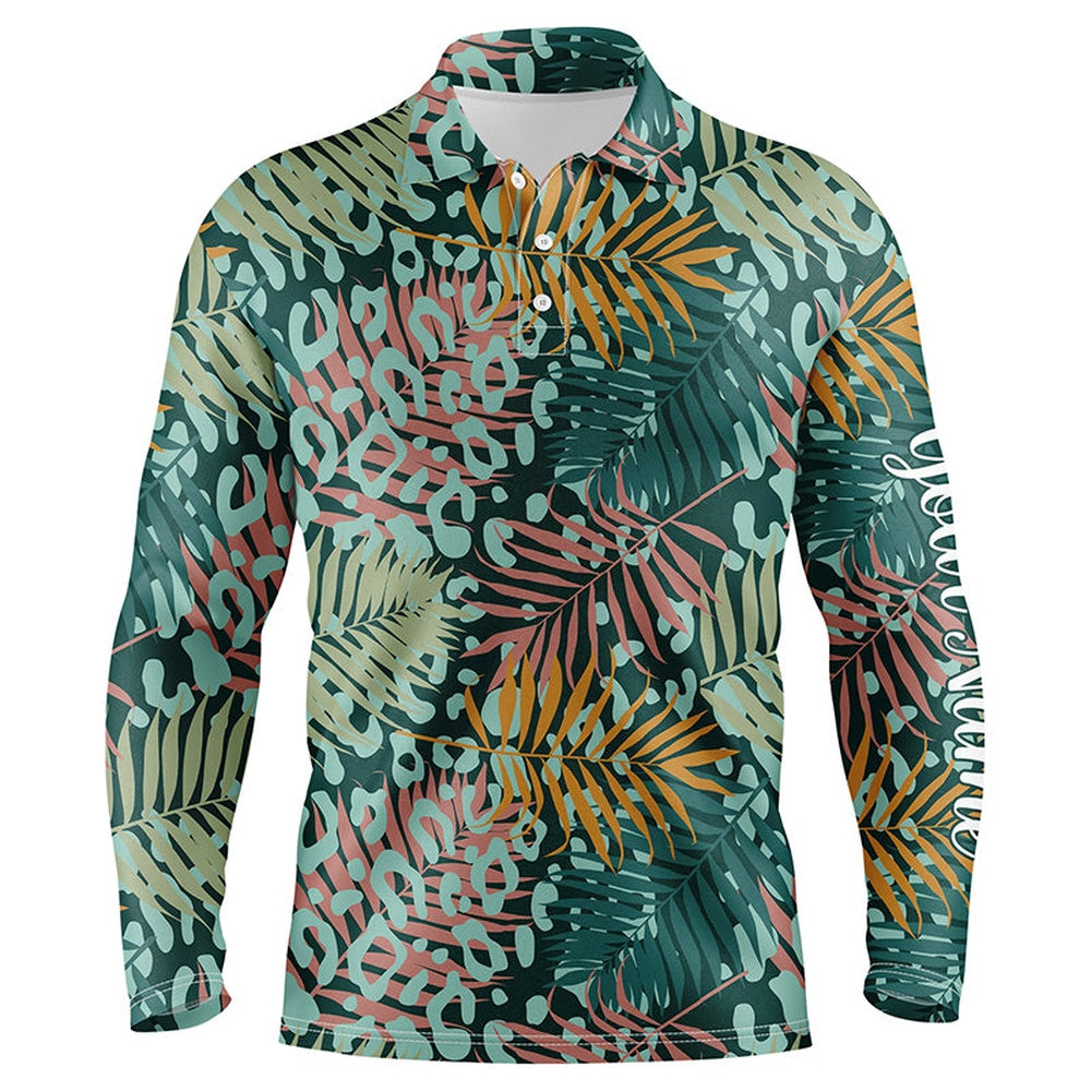 Golf Polo shirts, Mens Golf Polo Upf Shirts With Green Tropical Pattern With Palm Leopard Custom Team Golf Polo Shirts