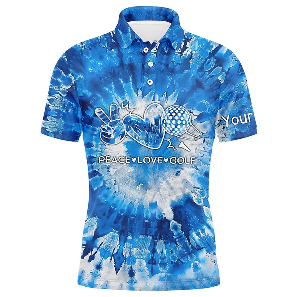 Golf Polo shirts, Mens Golf Polos Shirts Blue Tie Dye Pattern Custom Peace Love Golf, Personalized Golf Shirt For Men