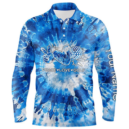 Golf Polo shirts, Mens Golf Polos Shirts Blue Tie Dye Pattern Custom Peace Love Golf, Personalized Golf Shirt For Men