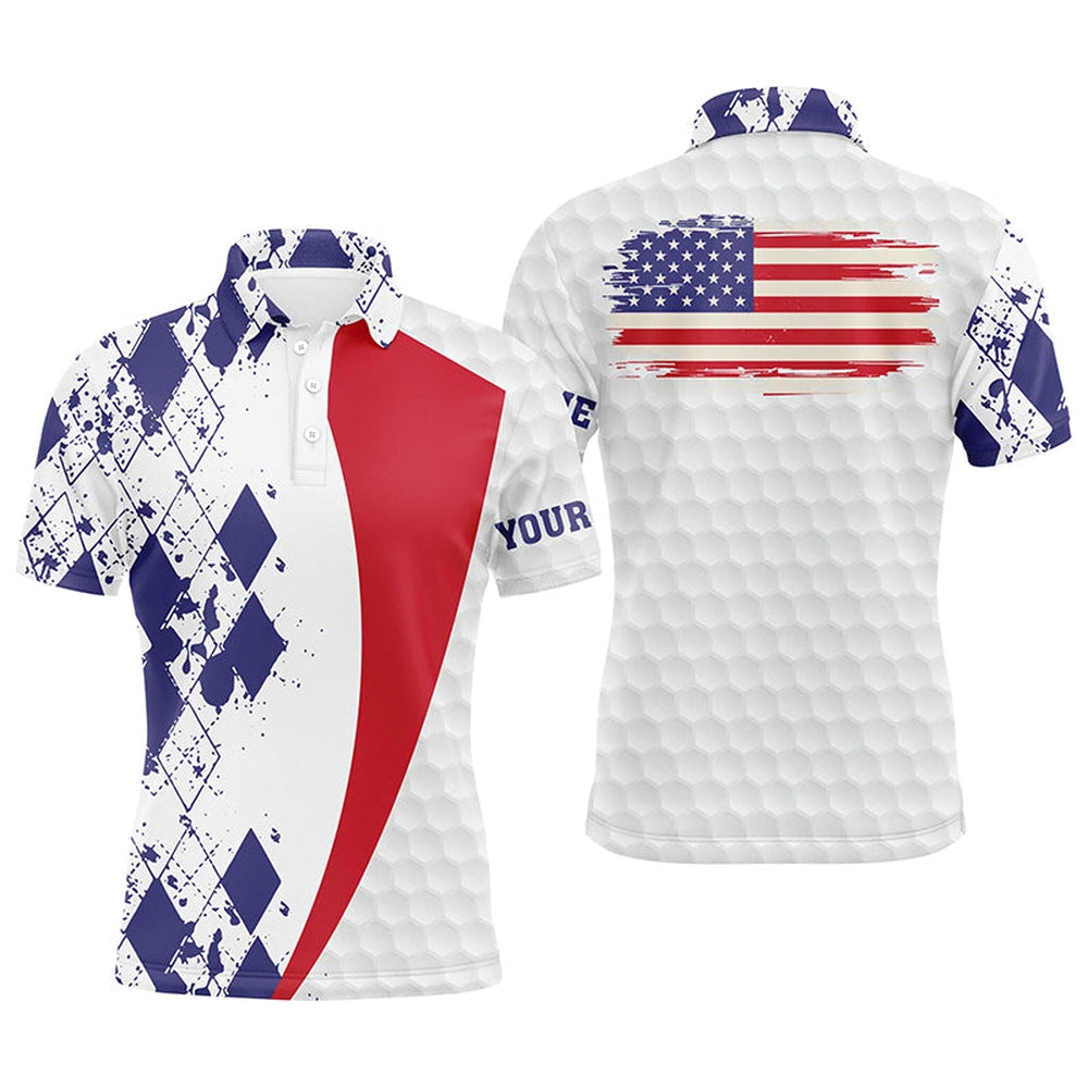 Golf Polo shirts, Mens Golf Polos Shirts Custom American Flag Blue Argyle Pattern White Golf Ball Men'S Golf Shirts