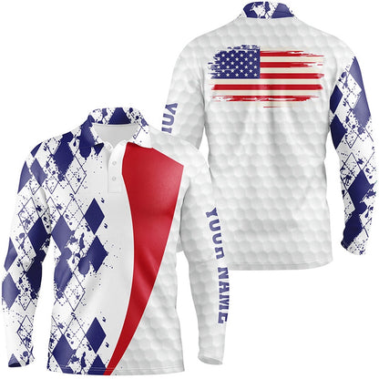 Golf Polo shirts, Mens Golf Polos Shirts Custom American Flag Blue Argyle Pattern White Golf Ball Men'S Golf Shirts
