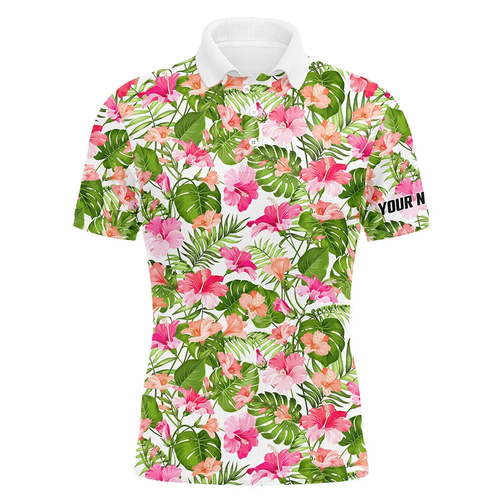 Golf Polo shirts, Mens Golf Polos Shirts Custom Blooming Hibiscus And Palm Pattern Golf Tops For Mens