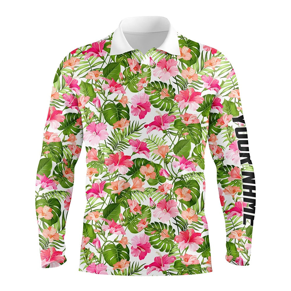 Golf Polo shirts, Mens Golf Polos Shirts Custom Blooming Hibiscus And Palm Pattern Golf Tops For Mens
