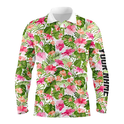 Golf Polo shirts, Mens Golf Polos Shirts Custom Blooming Hibiscus And Palm Pattern Golf Tops For Mens