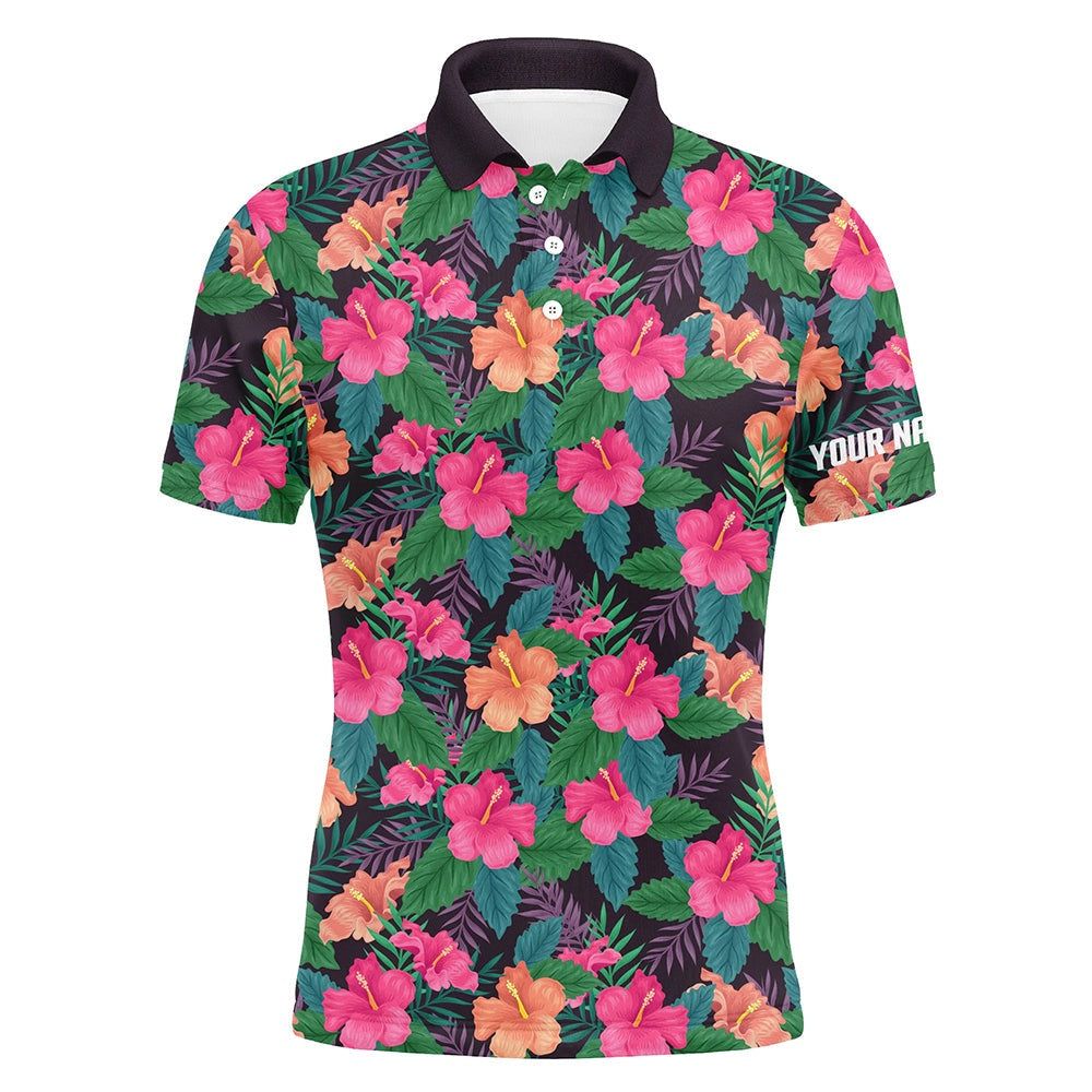 Golf Polo shirts, Mens Golf Polos Shirts Custom Colorful Hibiscus Flower Tropical Pattern Golf Tops For Mens